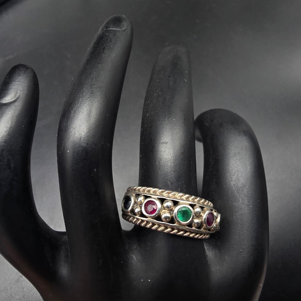 Sterling Silver Bezel Set Emerald Sapphire Ruby Ring Size 8